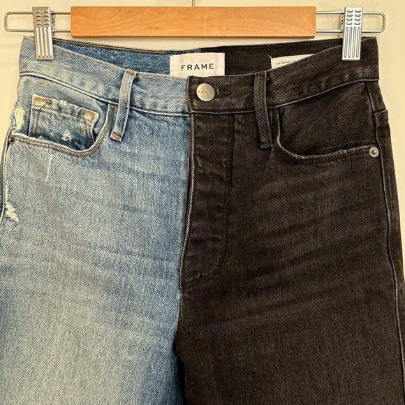 Frame Le Sylvie Slender Straight Jeans Black Indigo Mix Playtha Two Tone Size 24 - Picture 6 of 12